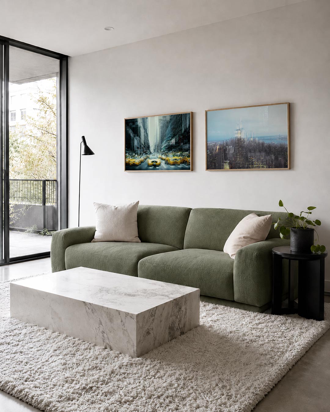 Interieur met liggend fotografisch tweeluik stad in dubbel licht – Gerald Emming