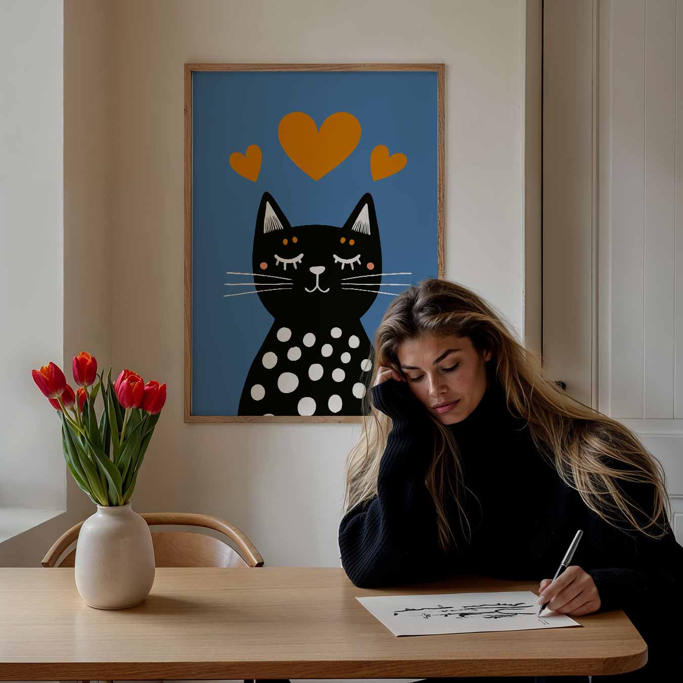 Slaapende Kat met Hartjes Poster-WallArtistic