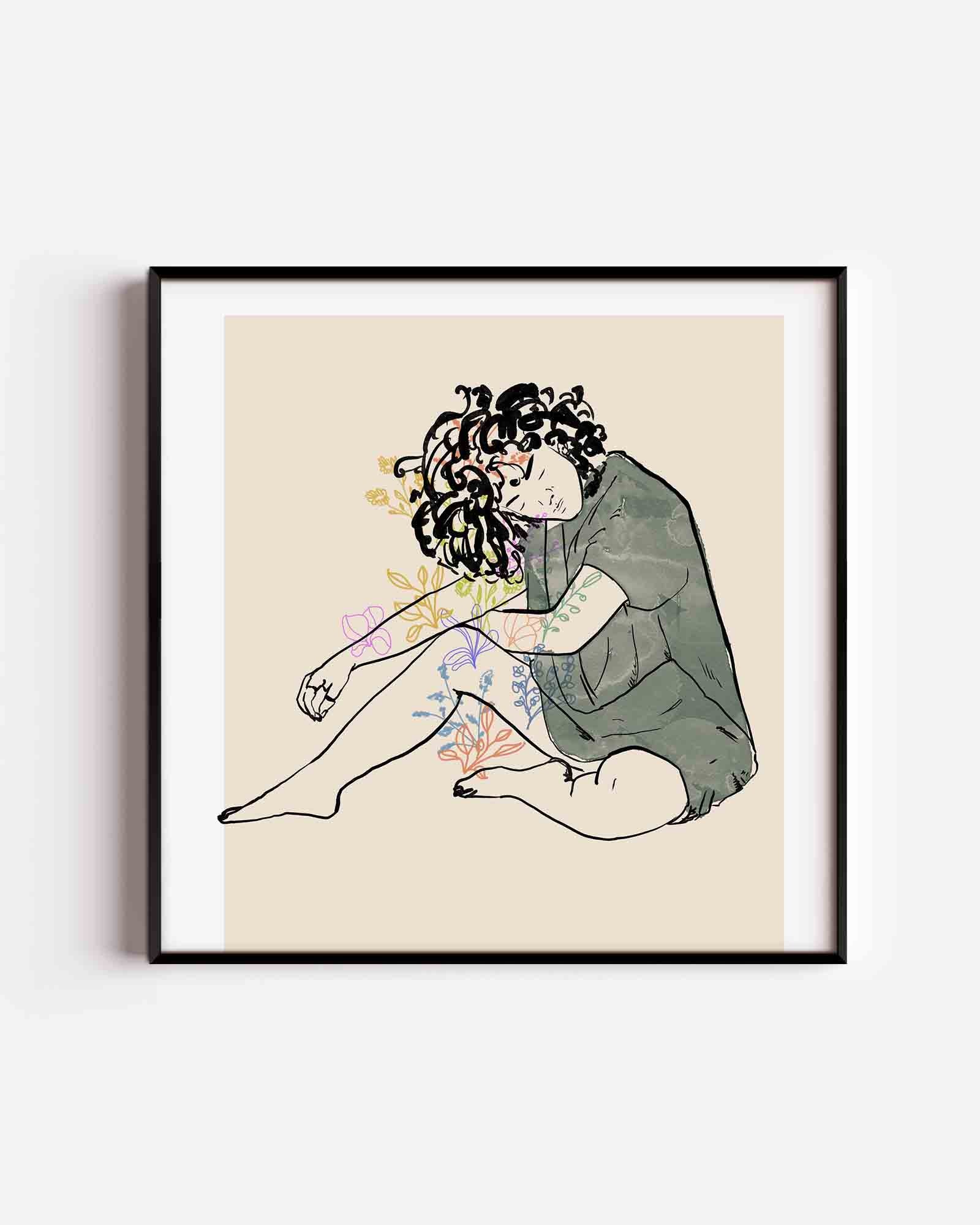 Zittende figuur met bloemen Poster