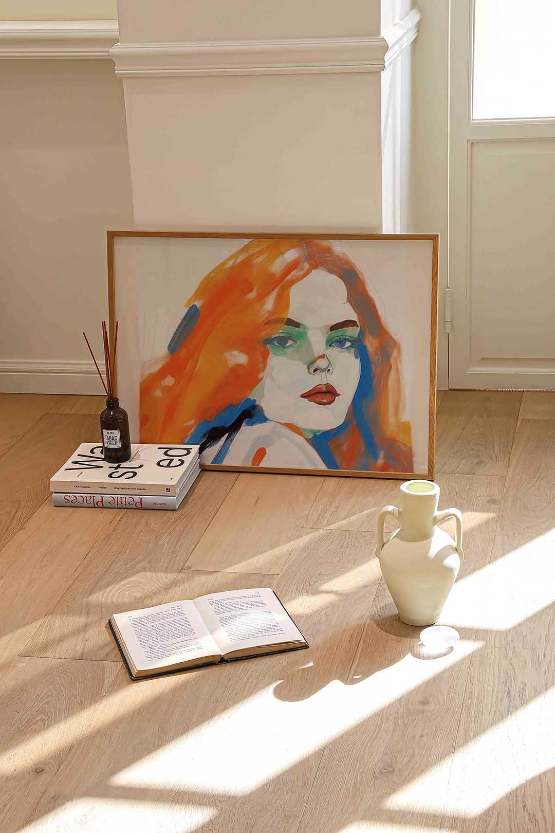 Portret met oranje en blauwe accenten Poster