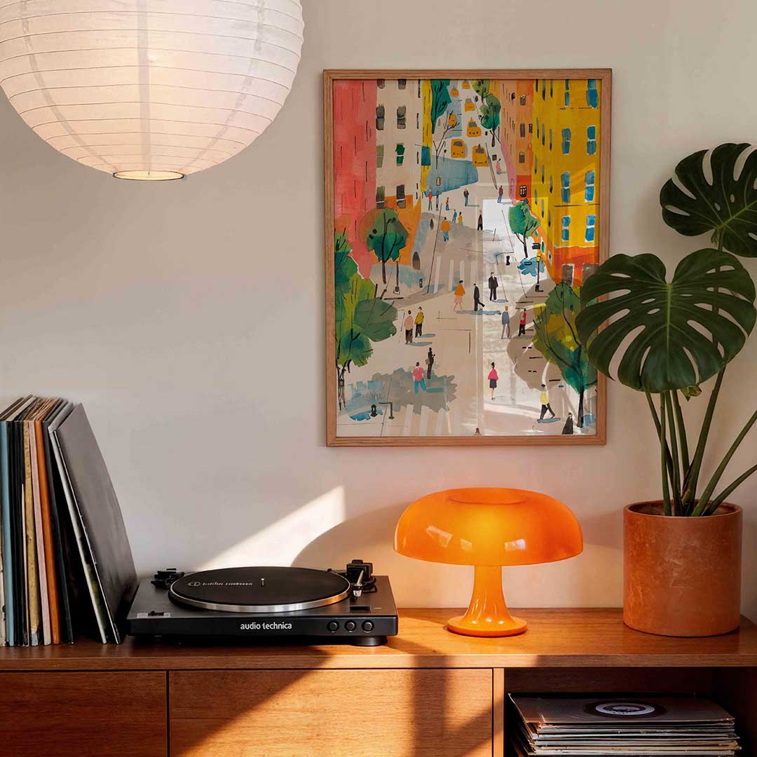 Stadsleven met taxi's Poster