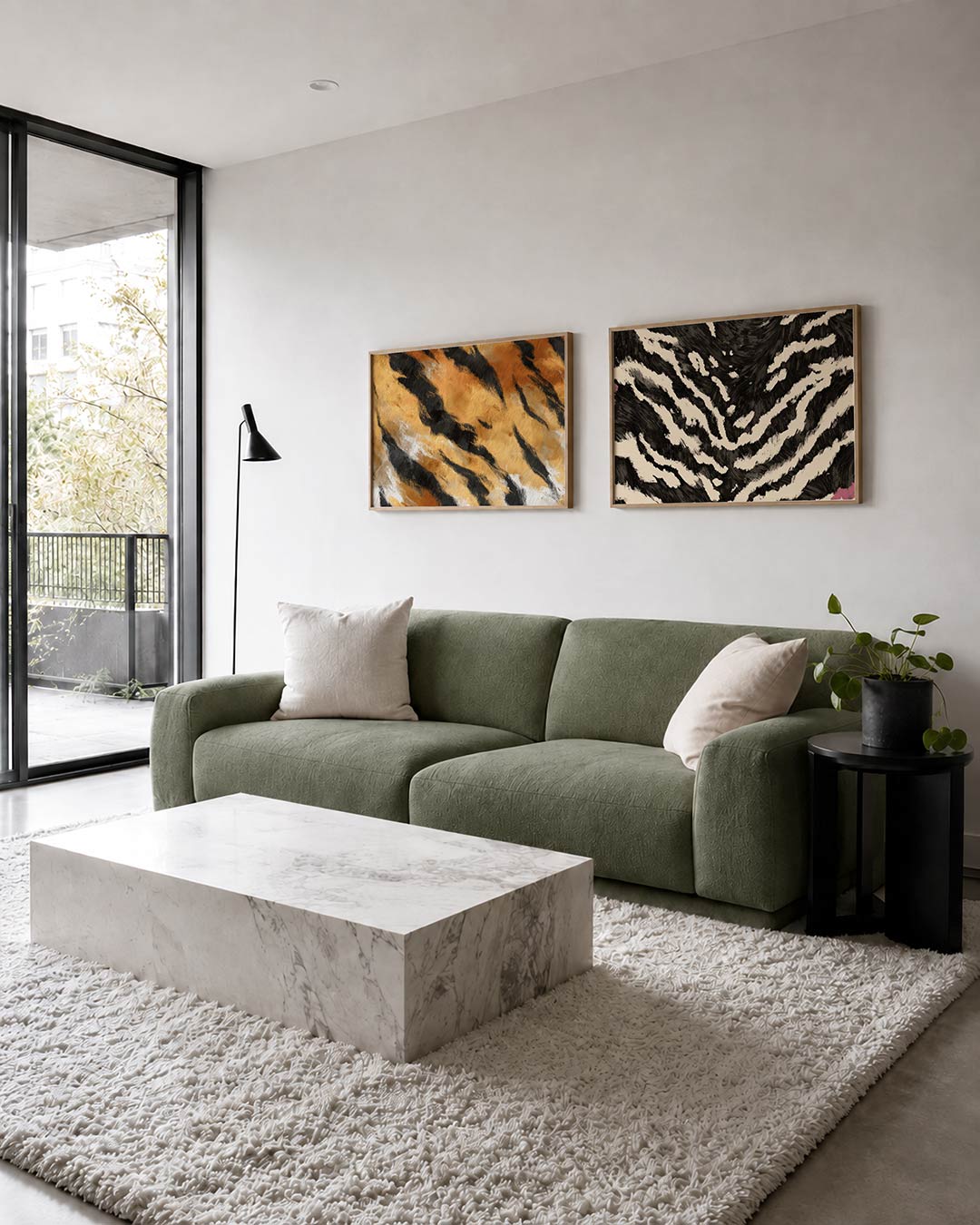 Interieurbeeld met twee liggende posters: zwarte en oranje strepen met witte accenten