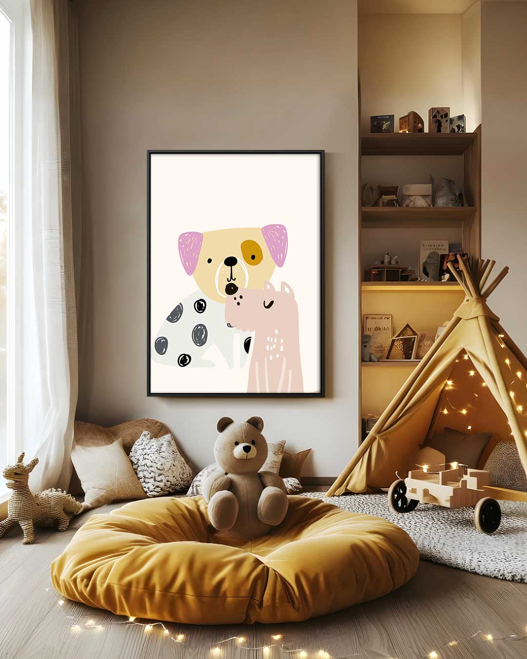 Vrolijke Honden Vriendjes Illustratie Kunstwerk-canvas-dibond-plexiglas-wanddecoratie-WallArtistic