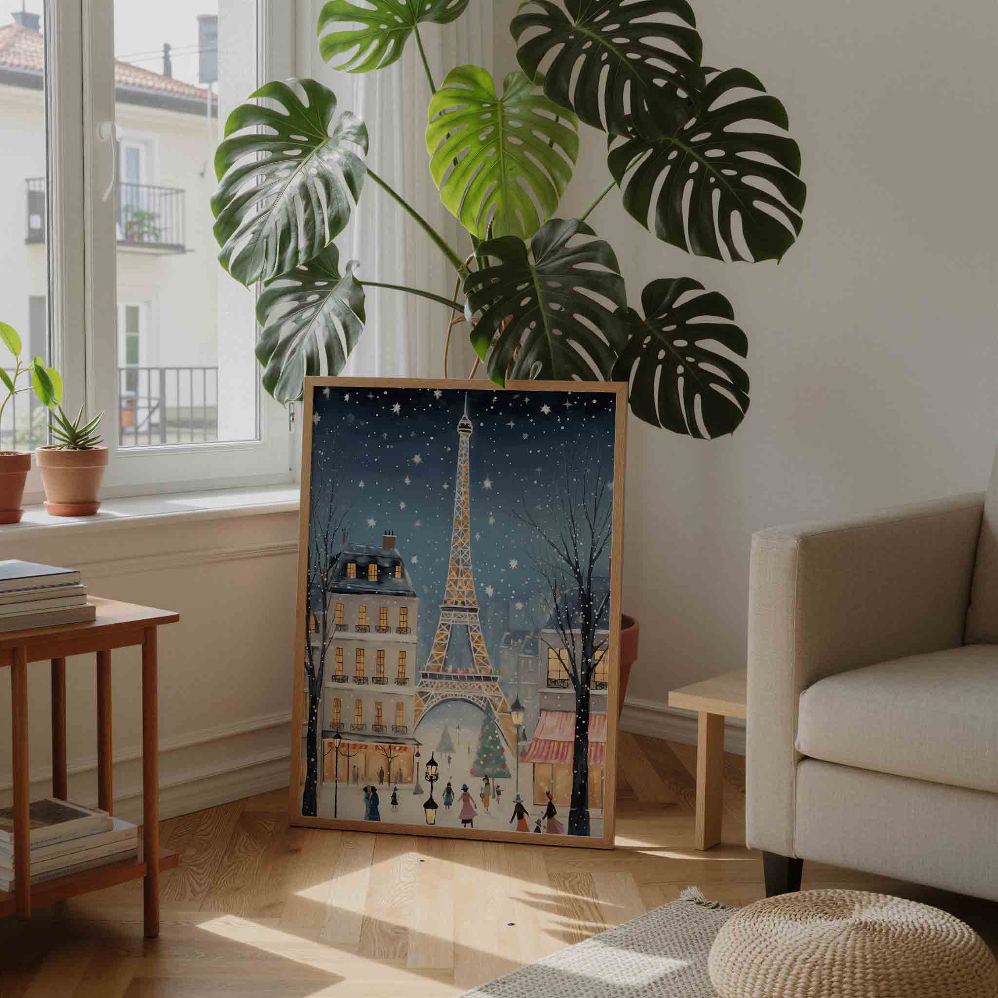 Winterse stad met toren Poster