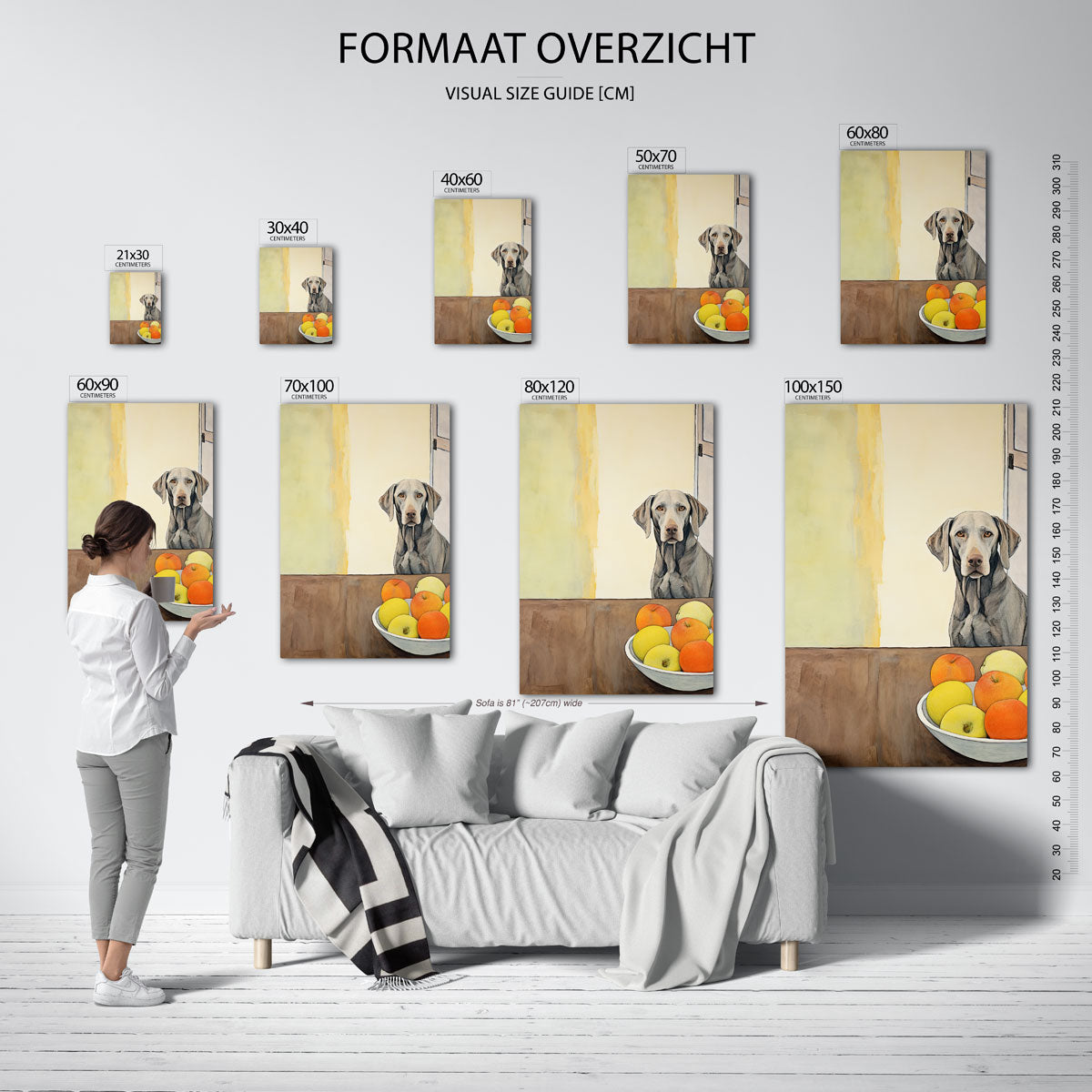 Hond en fruit op tafel Poster