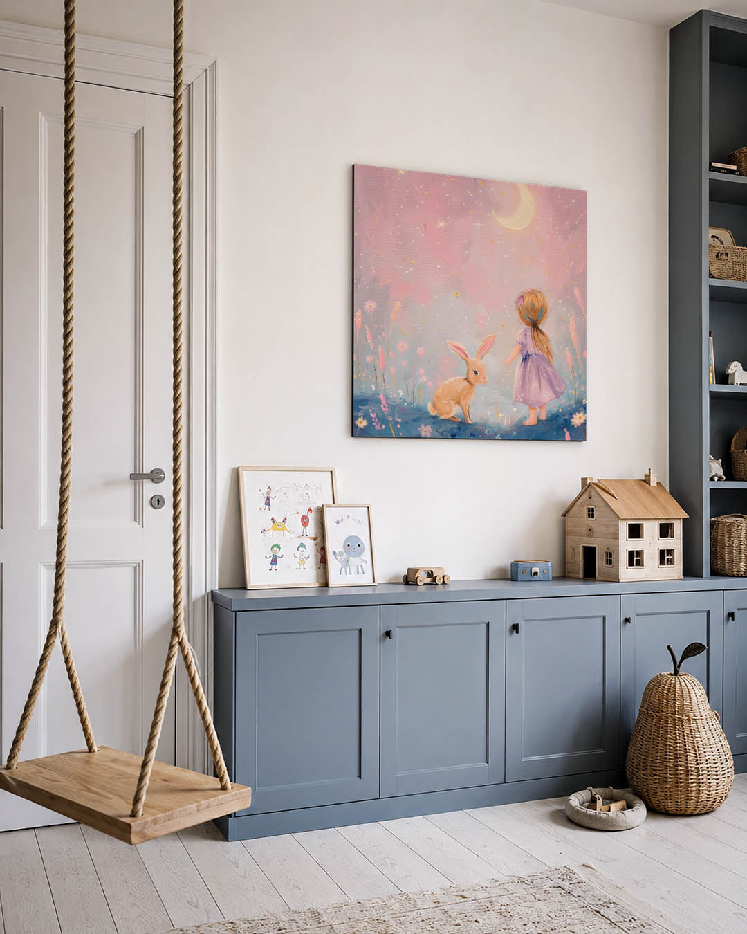 Dromerig kind en konijn Kunstwerk