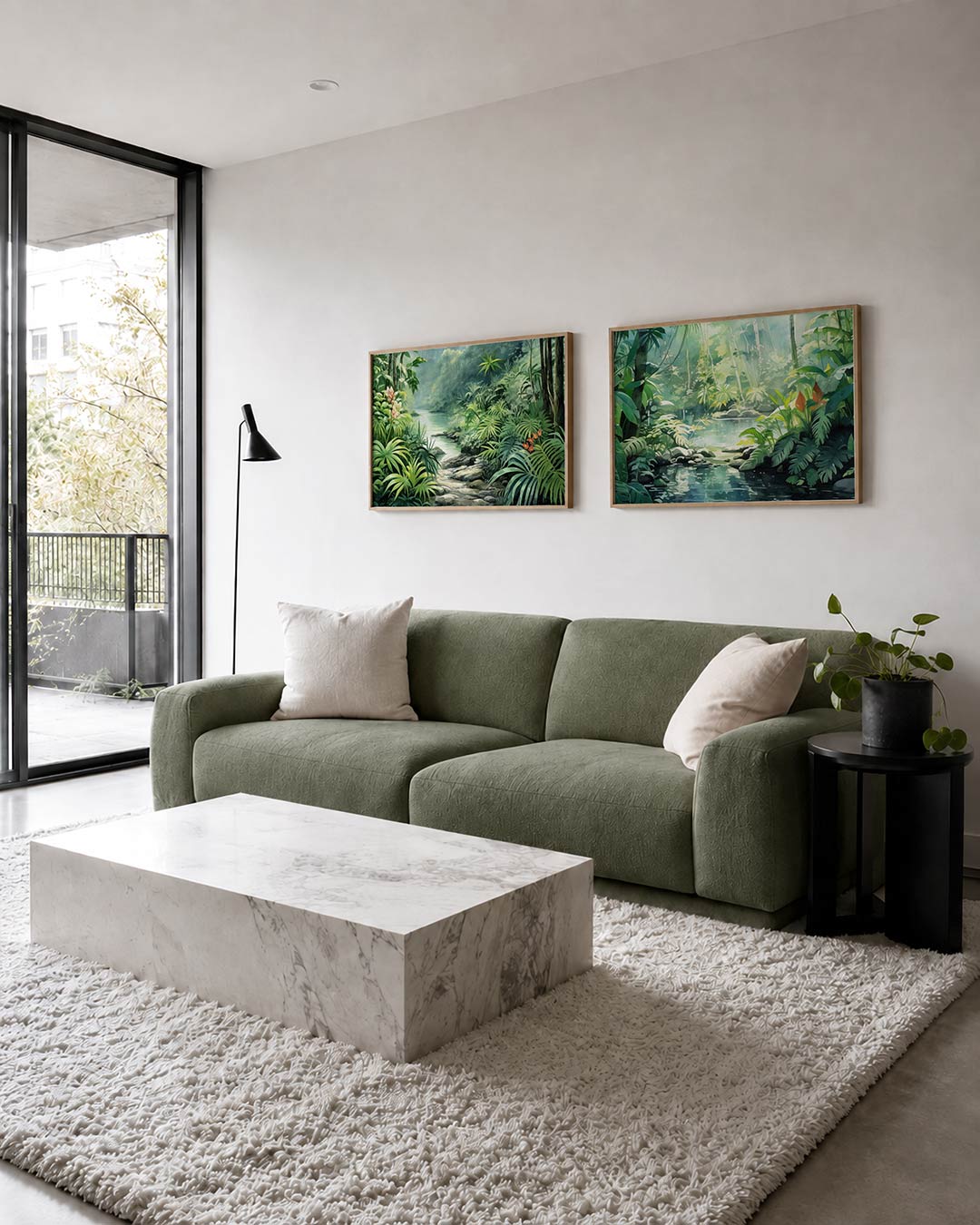 Tweedelige posterset met bladeren en bloemen rond een rustige waterstroom, getoond in een interieur