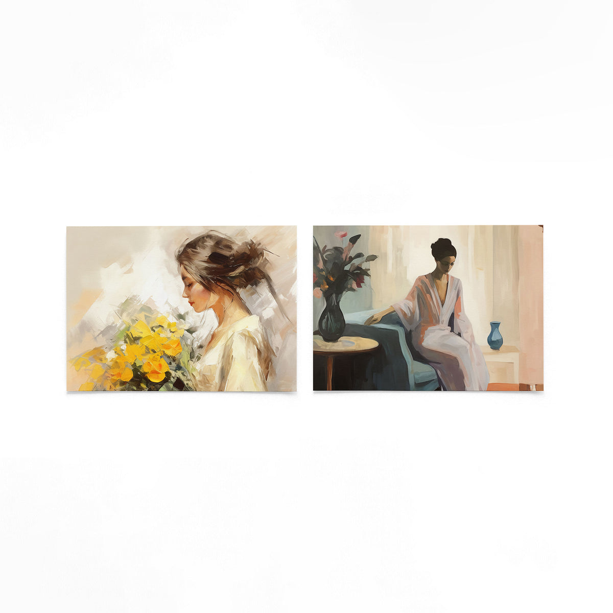 Twee liggende posters met een vrouw met losse penseelstreken en een boeket gele bloemen op een gebroken witte achtergrond