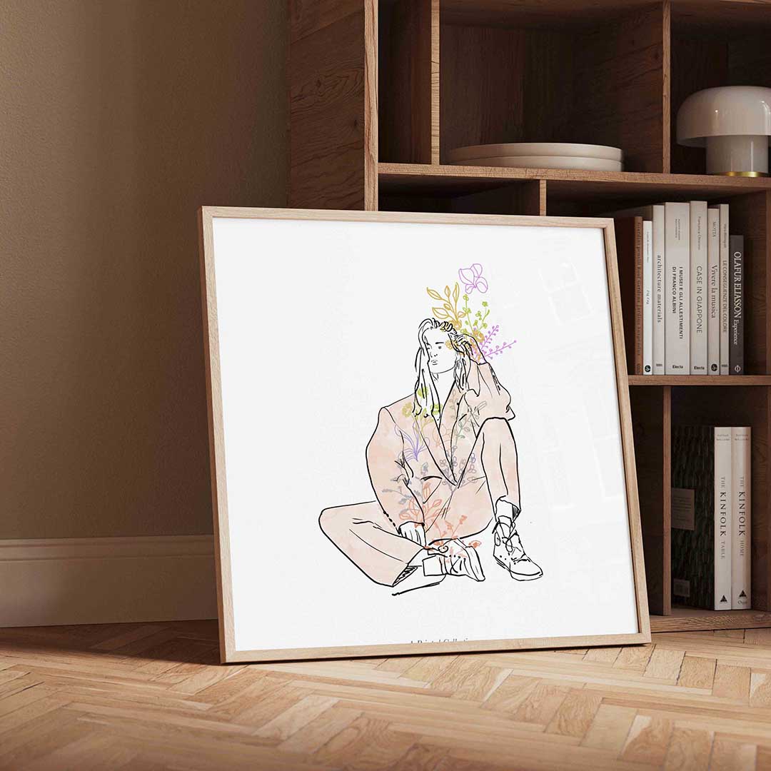 Zittende figuur met bloemen Poster