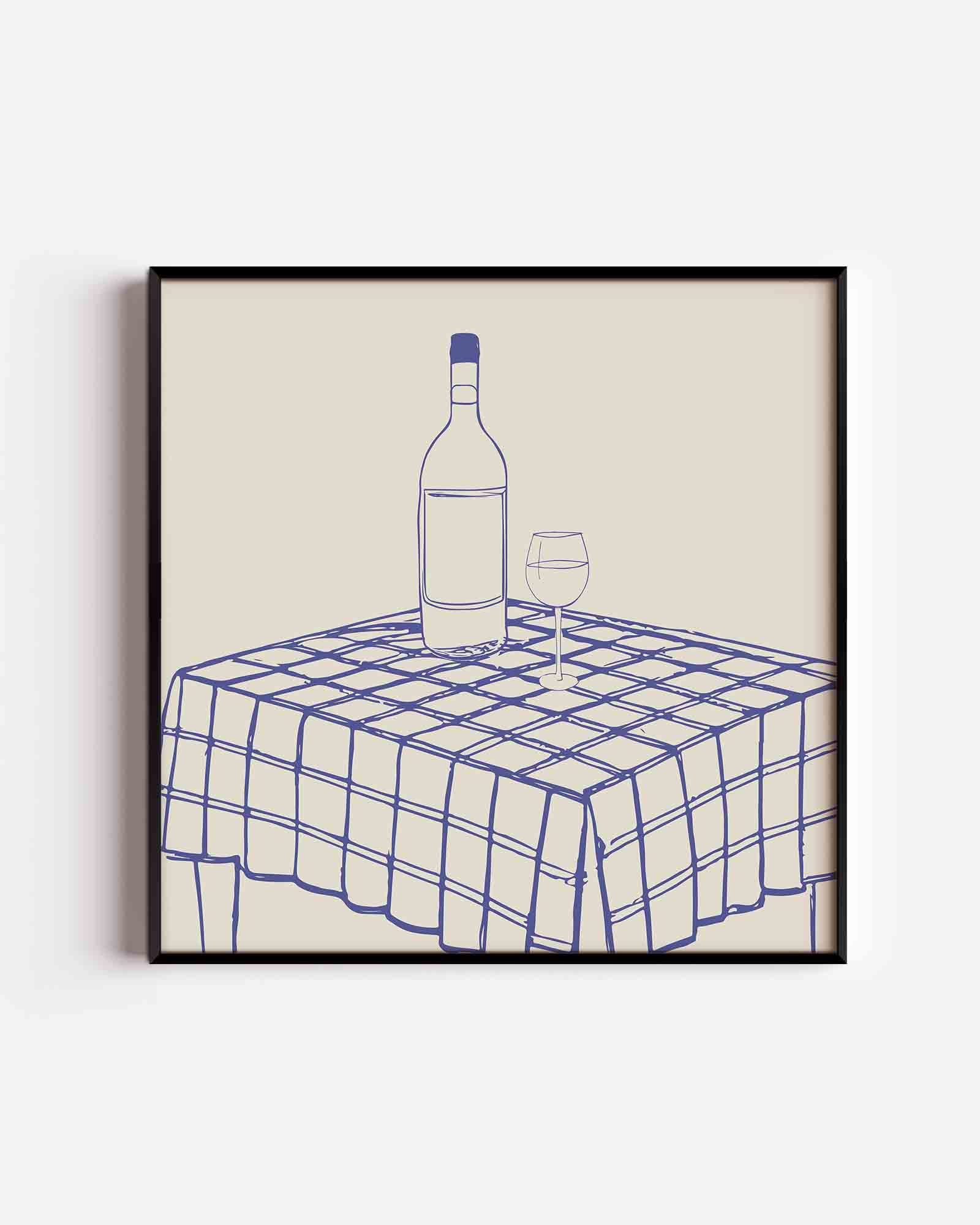 Fles en glas op tafel Poster