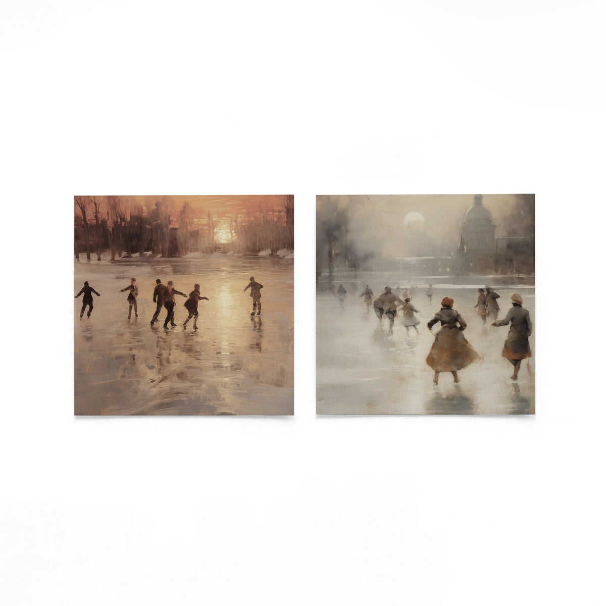 Twee vierkante posters met schaatsers op de ijsbaan op een gebroken witte achtergrond