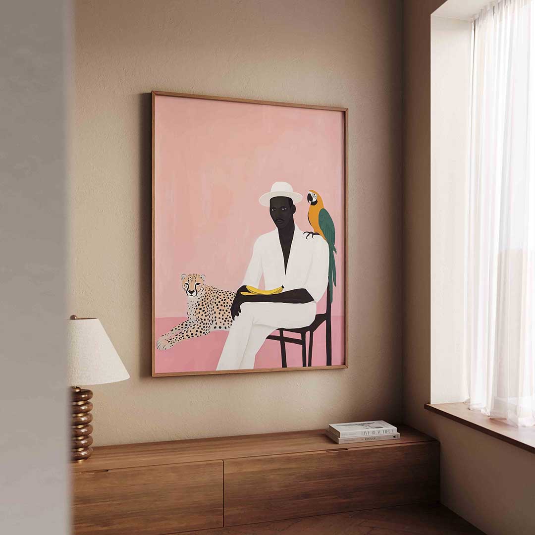 Man met papegaai en cheetah Poster