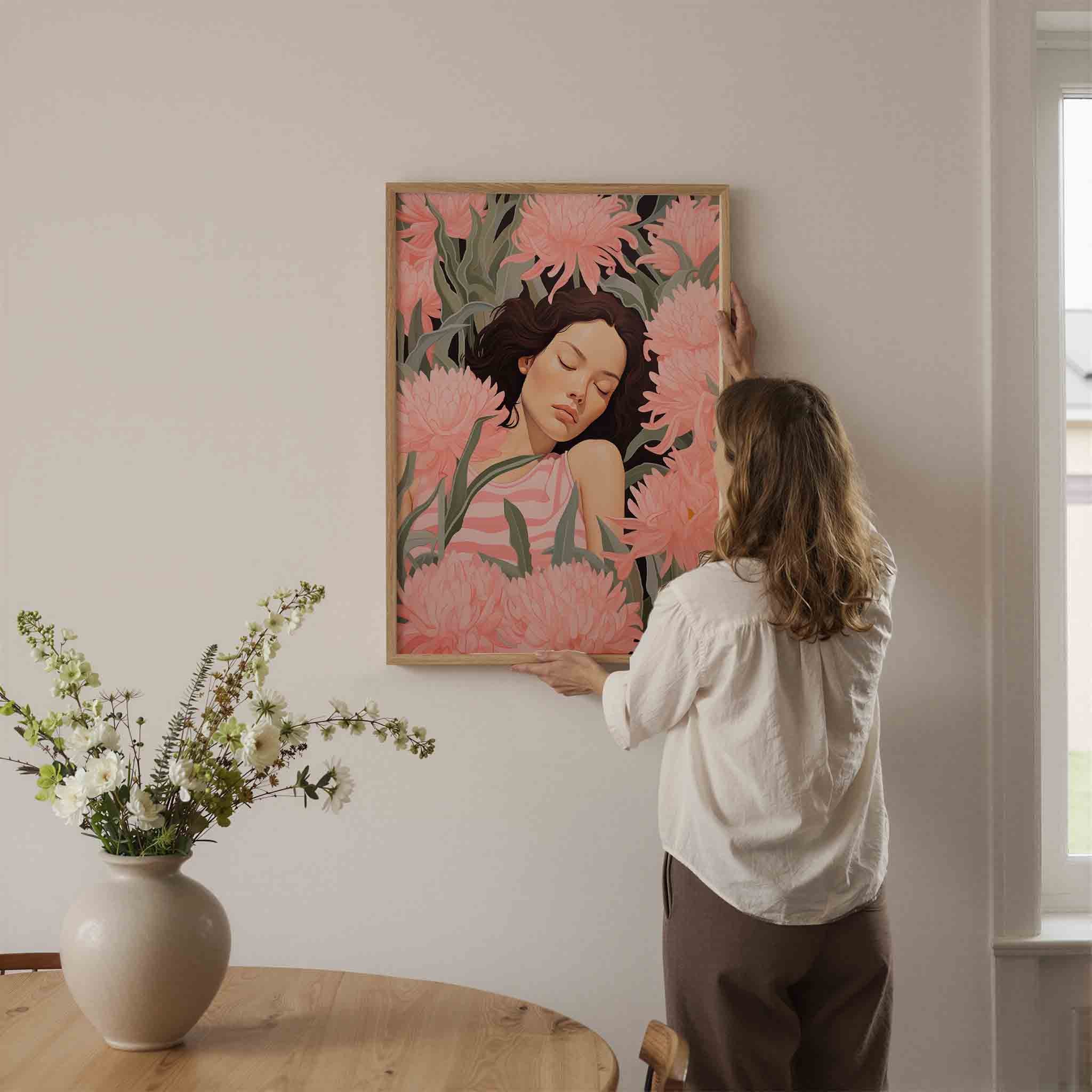Slapende vrouw tussen bloemen Poster