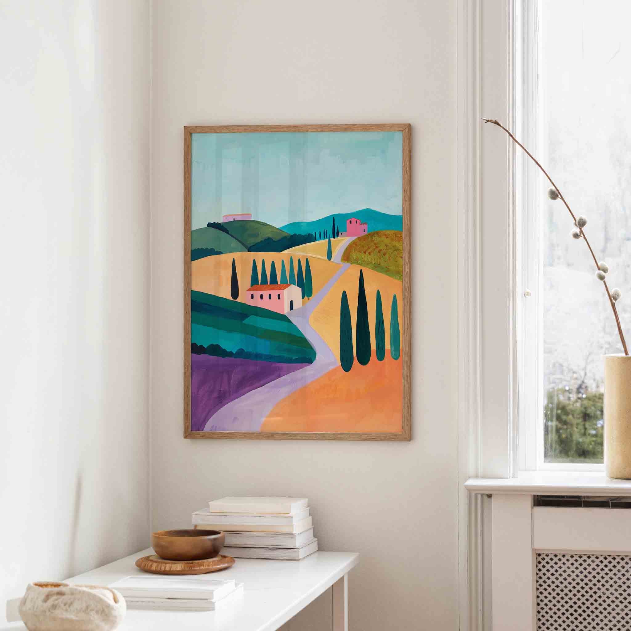 Landschap met heuvels en huizen Poster