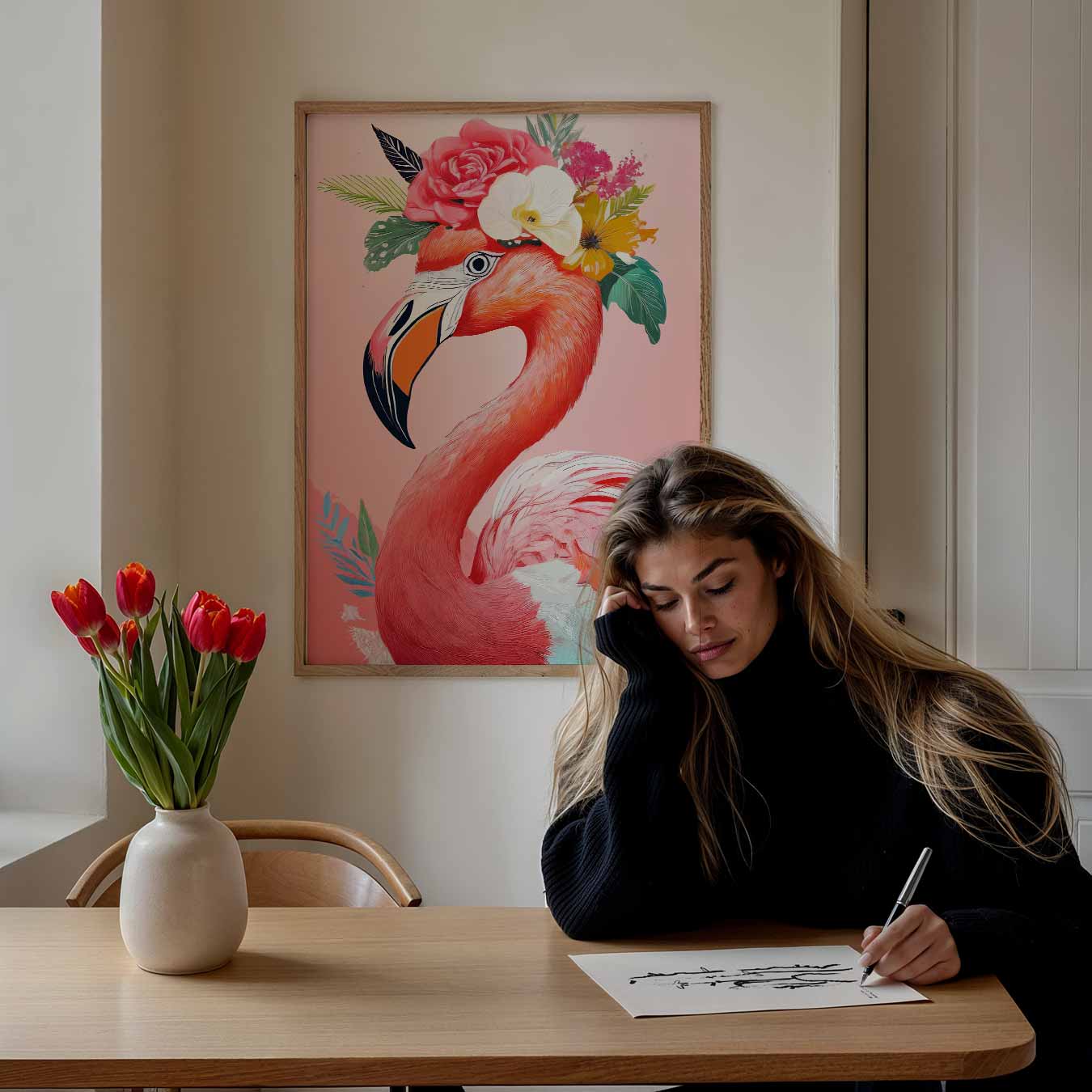 Tropische Flamingo met Bloemenkroon Poster-WallArtistic