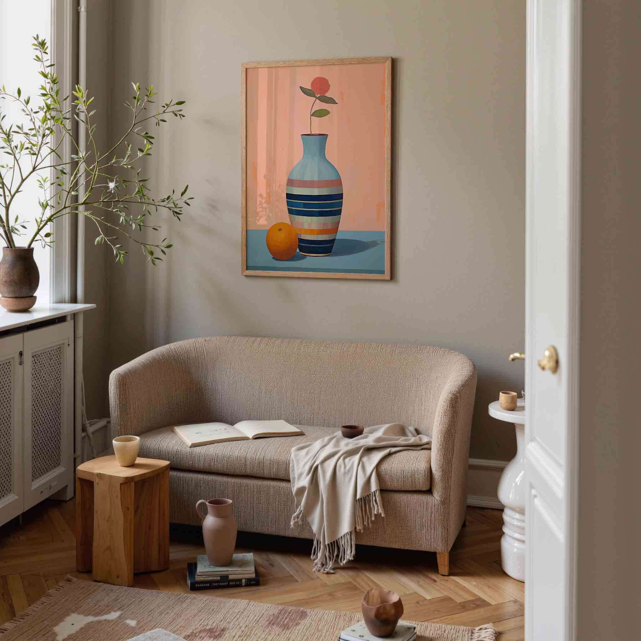 Vaas met bloem en sinaasappel Poster