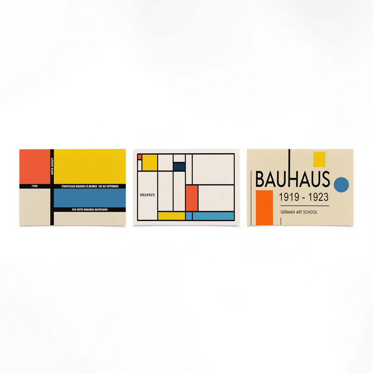 Drie landscape posters met kleurvlakken en zwarte lijnen als vrijstaande productfoto