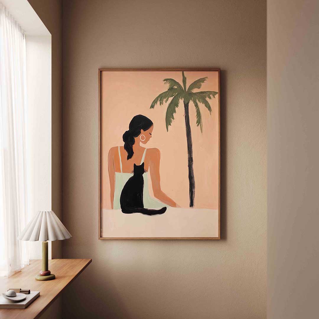 Vrouw met kat en palmboom Poster