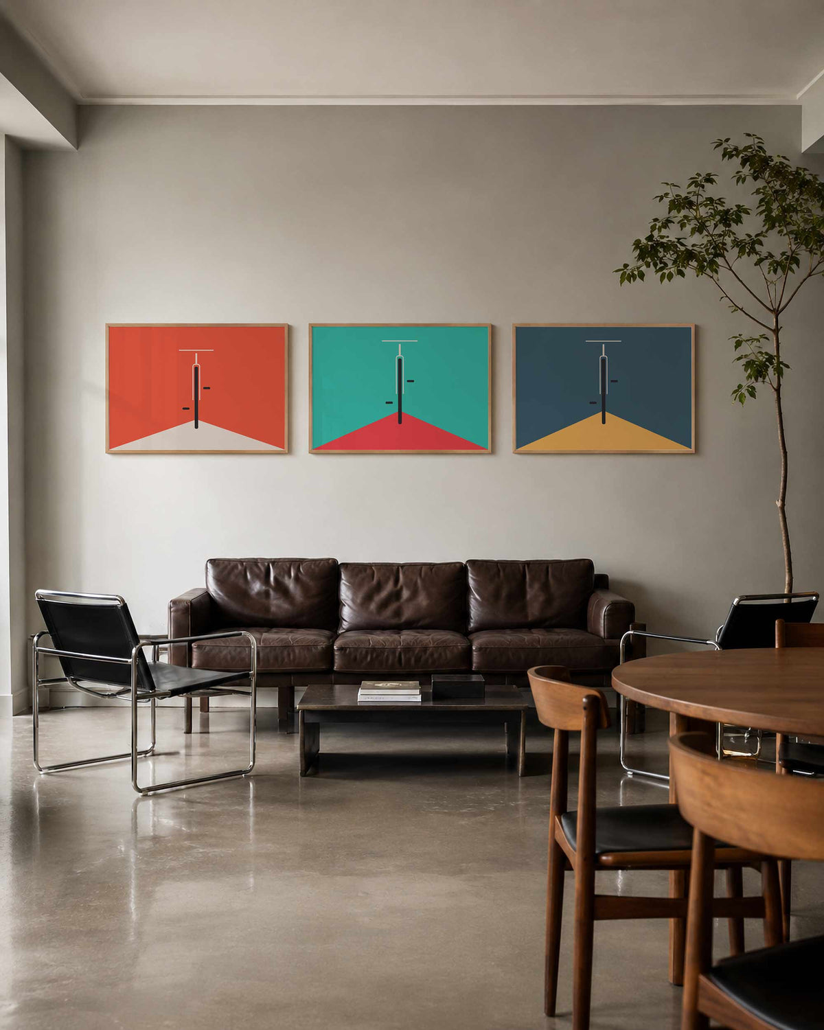 Interieurmockup van drieluik landscape-posterset met grafische hoeklijnen