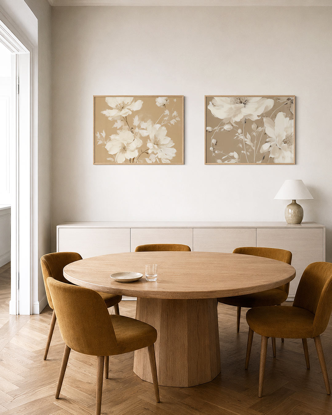 Interieurpresentatie van twee posters met delicate witte bloemen op een warme beige achtergrond
