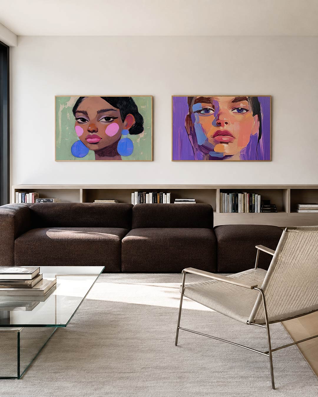 Twee liggende posters met een afbeelding met een gezicht in levendige kleuren, aan de muur in een interieur
