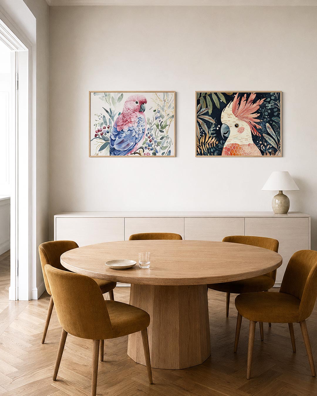 Interieurpresentatie van twee posters met een kleurrijke vogel met roze en blauwe veren