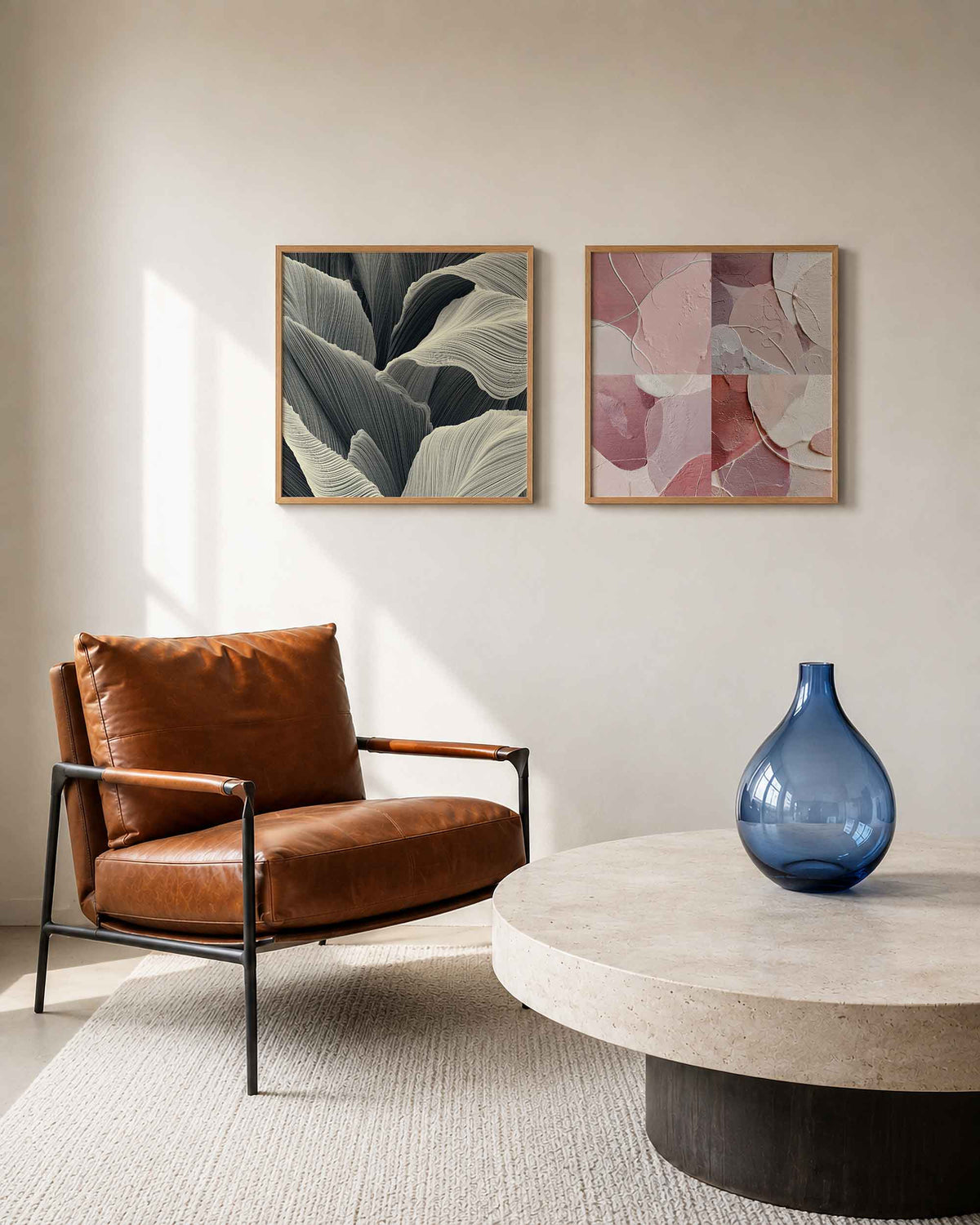 Interieurpresentatie van een tweedelige vierkante posterset met ribbelvormen en roze vlakken