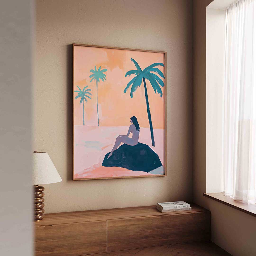 Zittende figuur met palmbomen Poster
