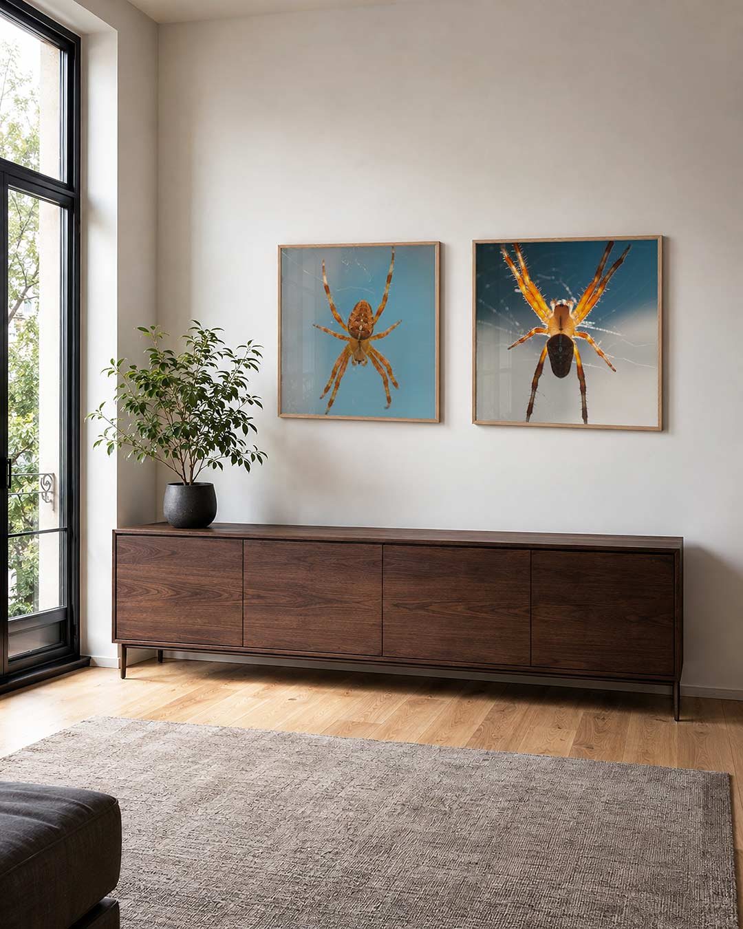 Interieur met vierkant fotografisch tweeluik spinnen in tegenlicht – Gerald Emming