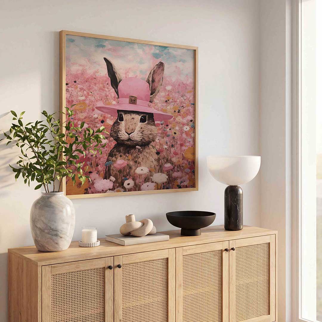 Konijn met roze hoed Poster