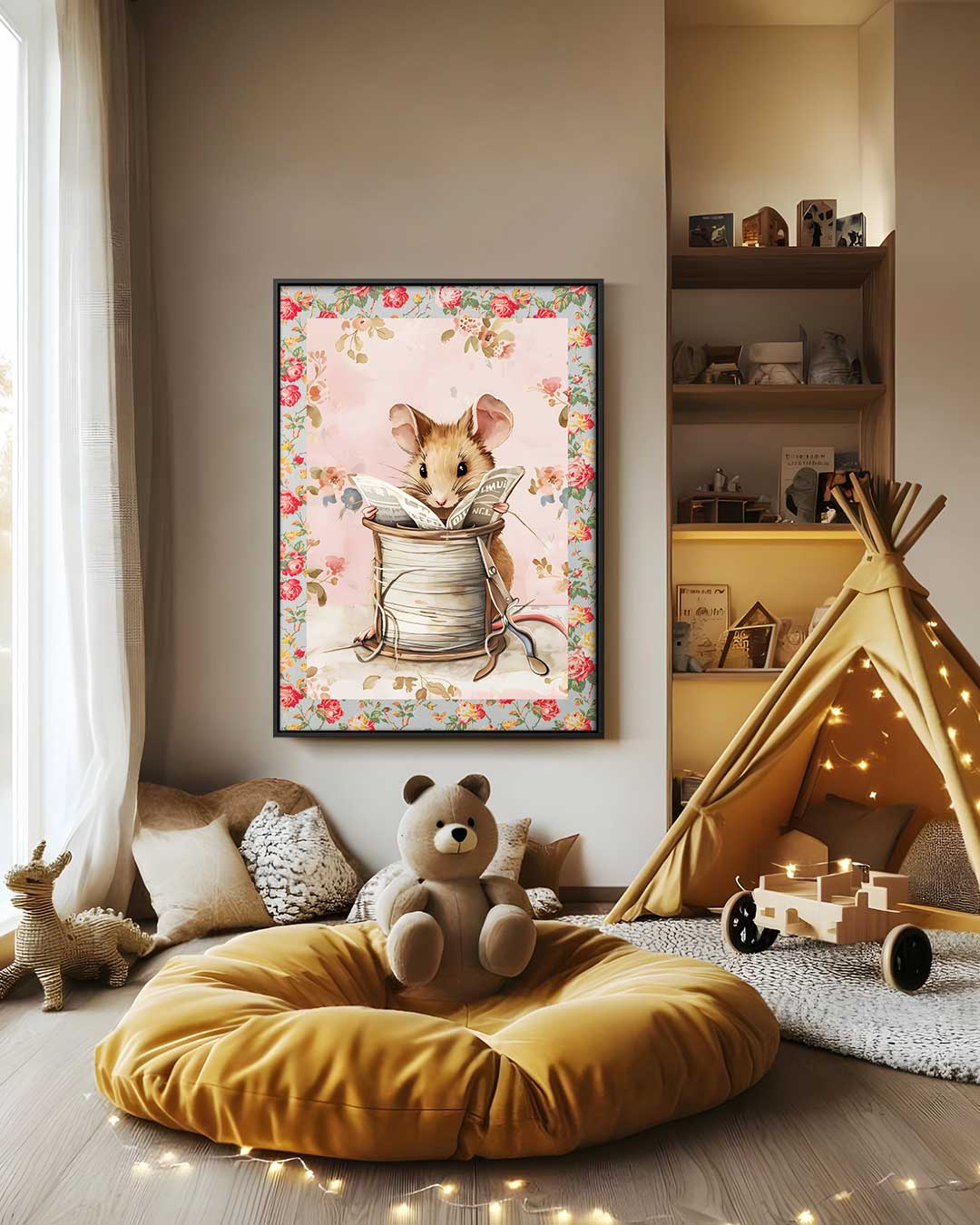 Schattig Muizenavontuur op Bloemenachtergrond Kunstwerk-canvas-dibond-plexiglas-wanddecoratie-WallArtistic