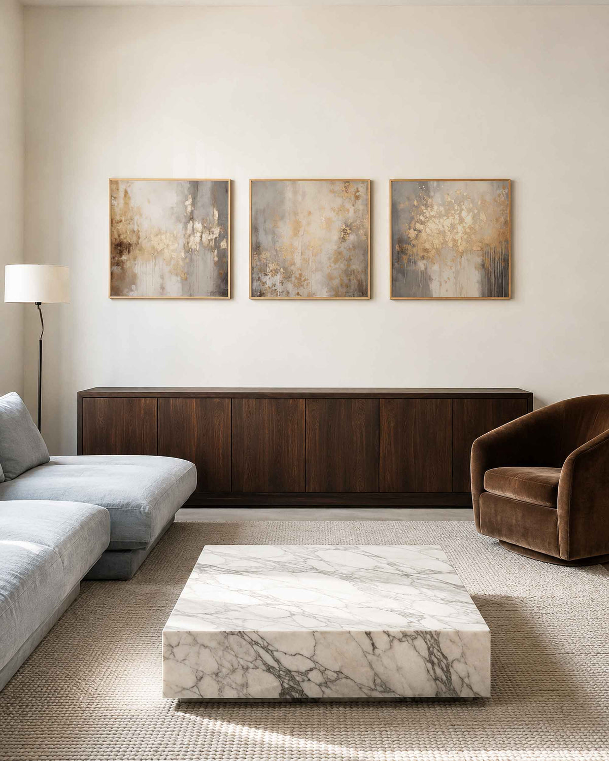 Interieurpresentatie van een driedelige vierkante posterset met abstracte beige kunst