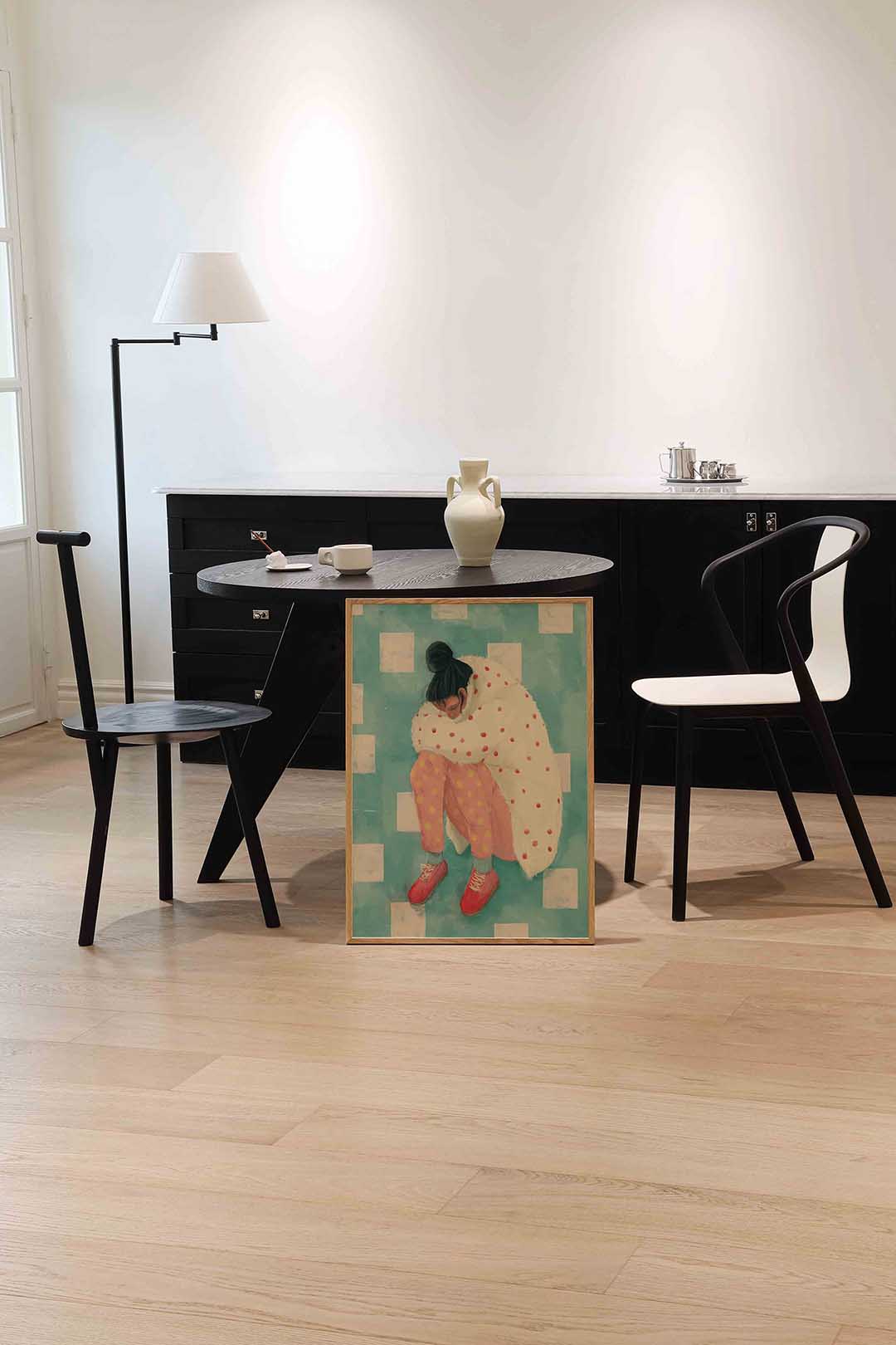 Vrouw in stippenjas Poster