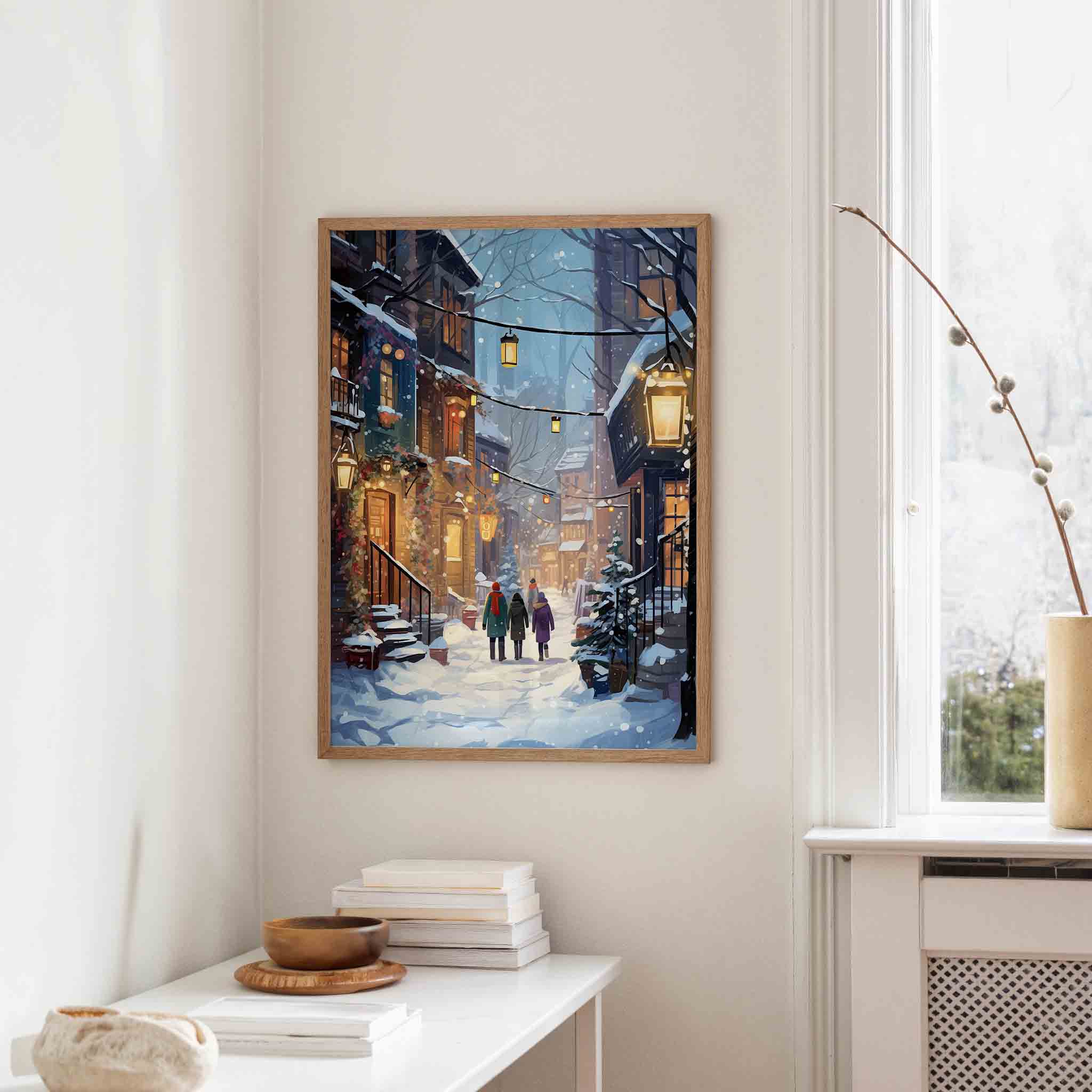 Winterse straat met lantaarns Poster
