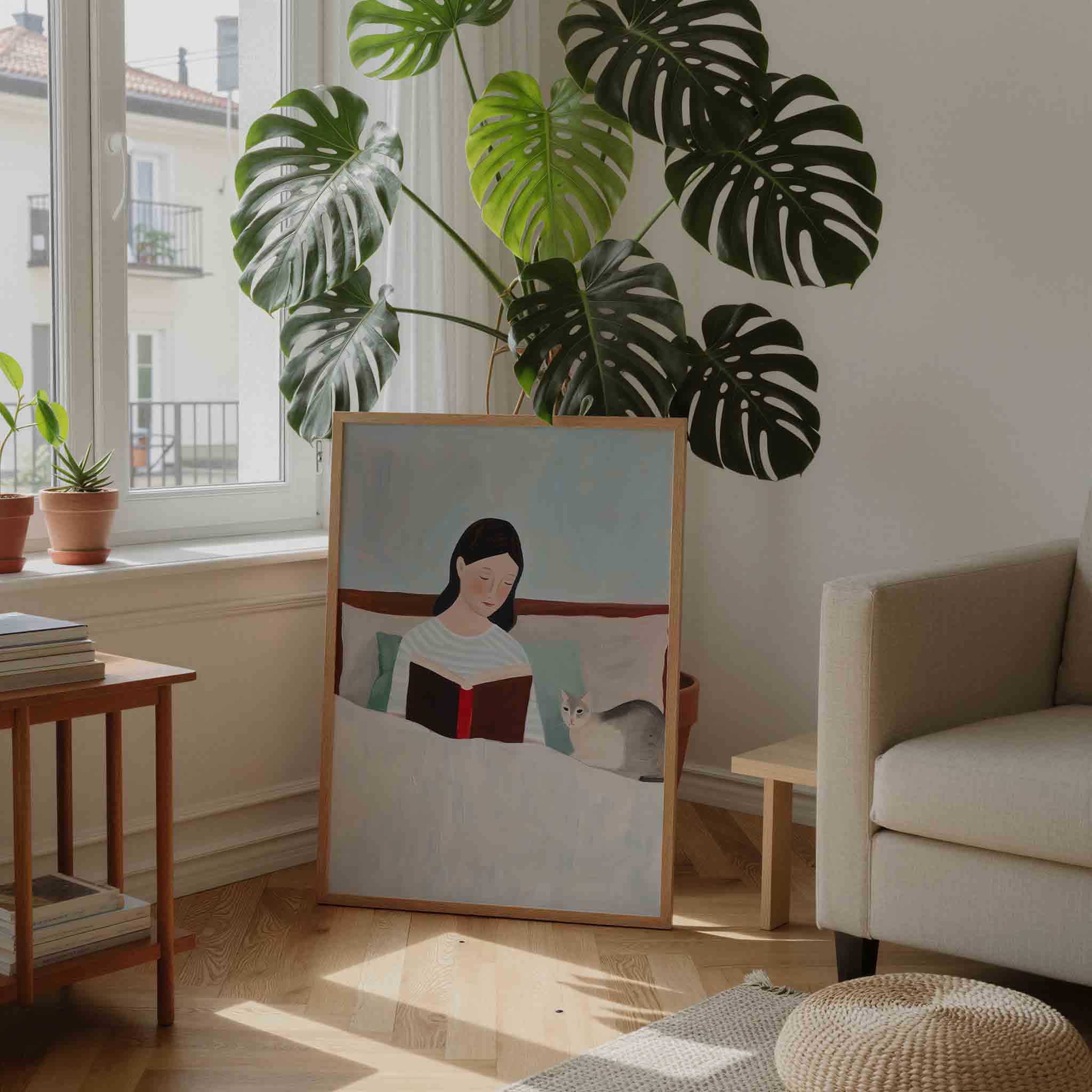 Lezende vrouw met kat Poster