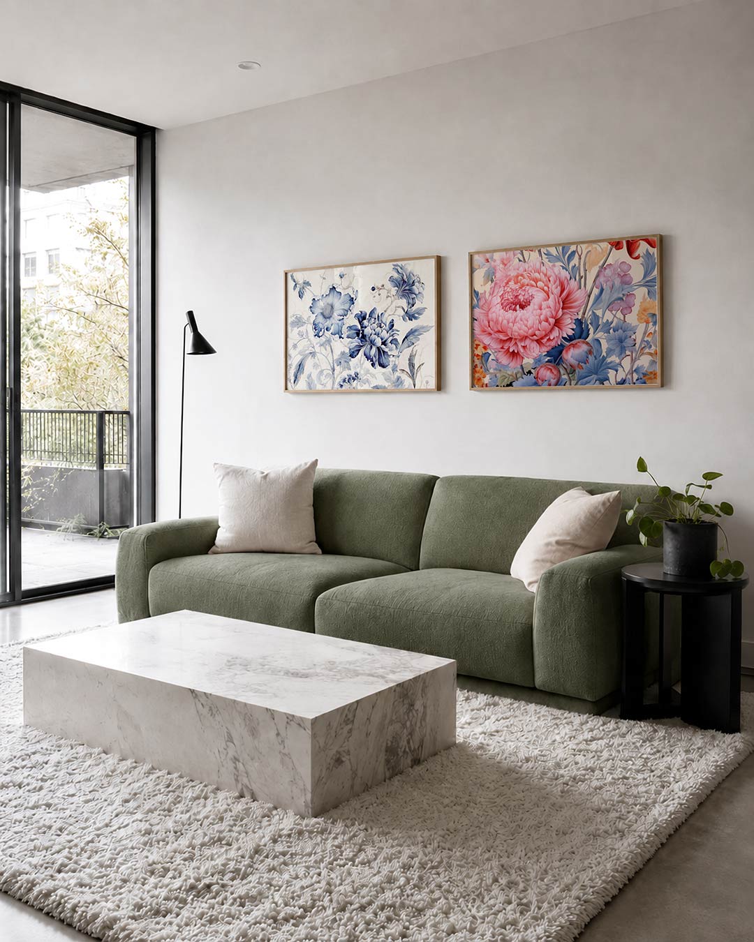 Twee liggende posters met delicate bloemen in blauw en wit, aan de muur in een interieur