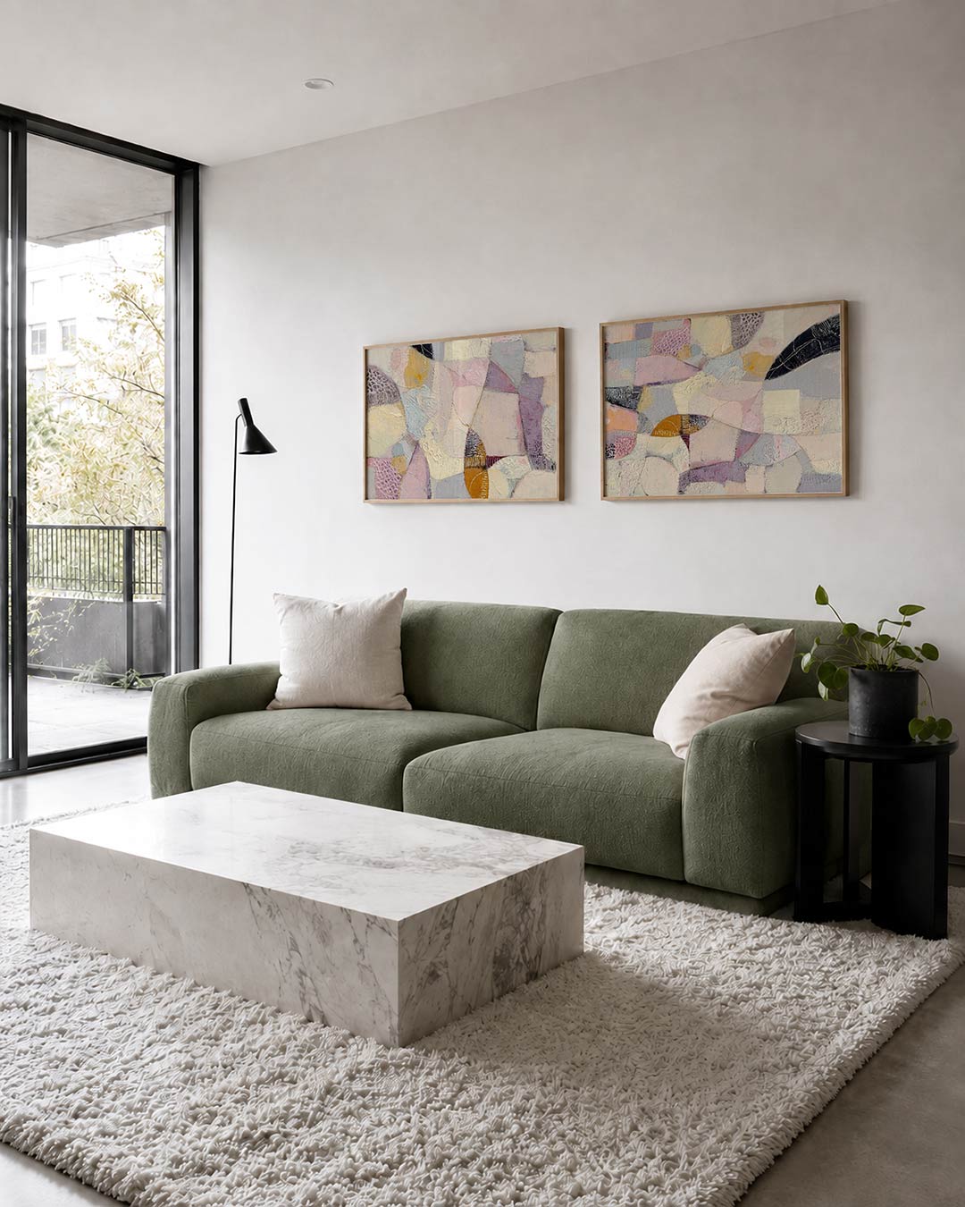 Twee liggende posters met zachte pasteltinten en aardetinten, aan de muur in een interieur