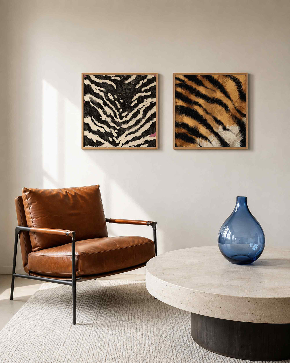 Interieurpresentatie van een tweedelige vierkante posterset met tijgerstrepen