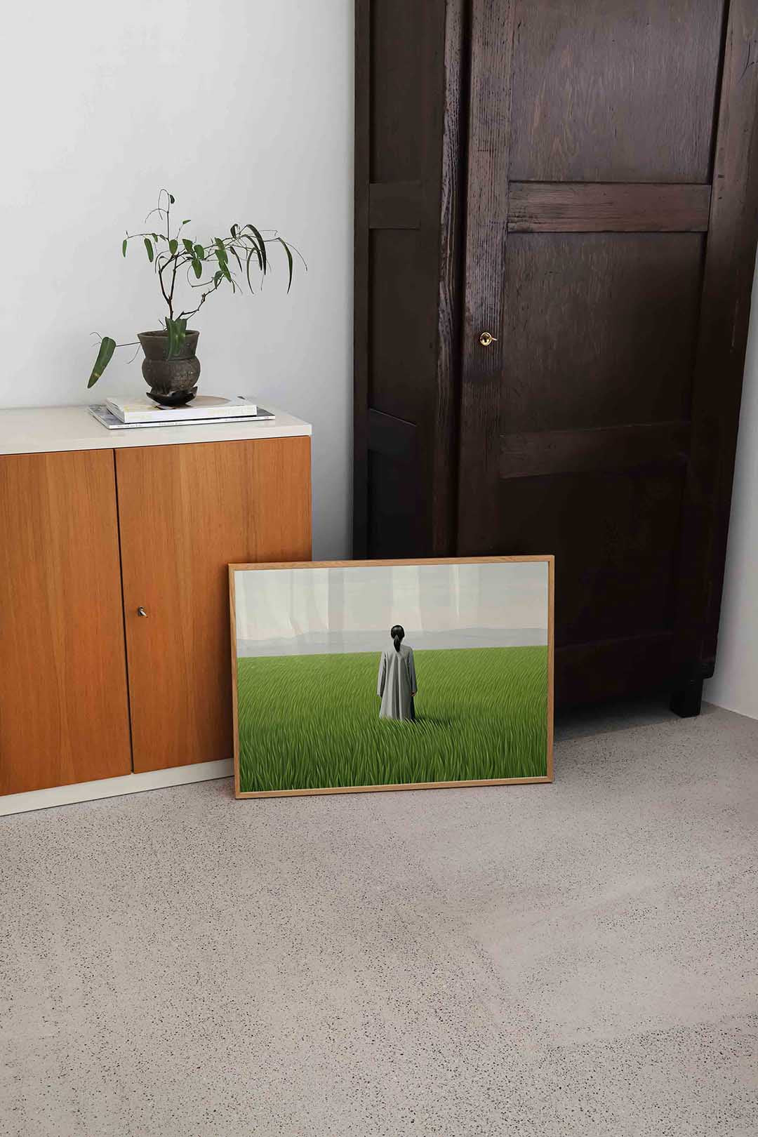 Vrouw in grasveld Poster