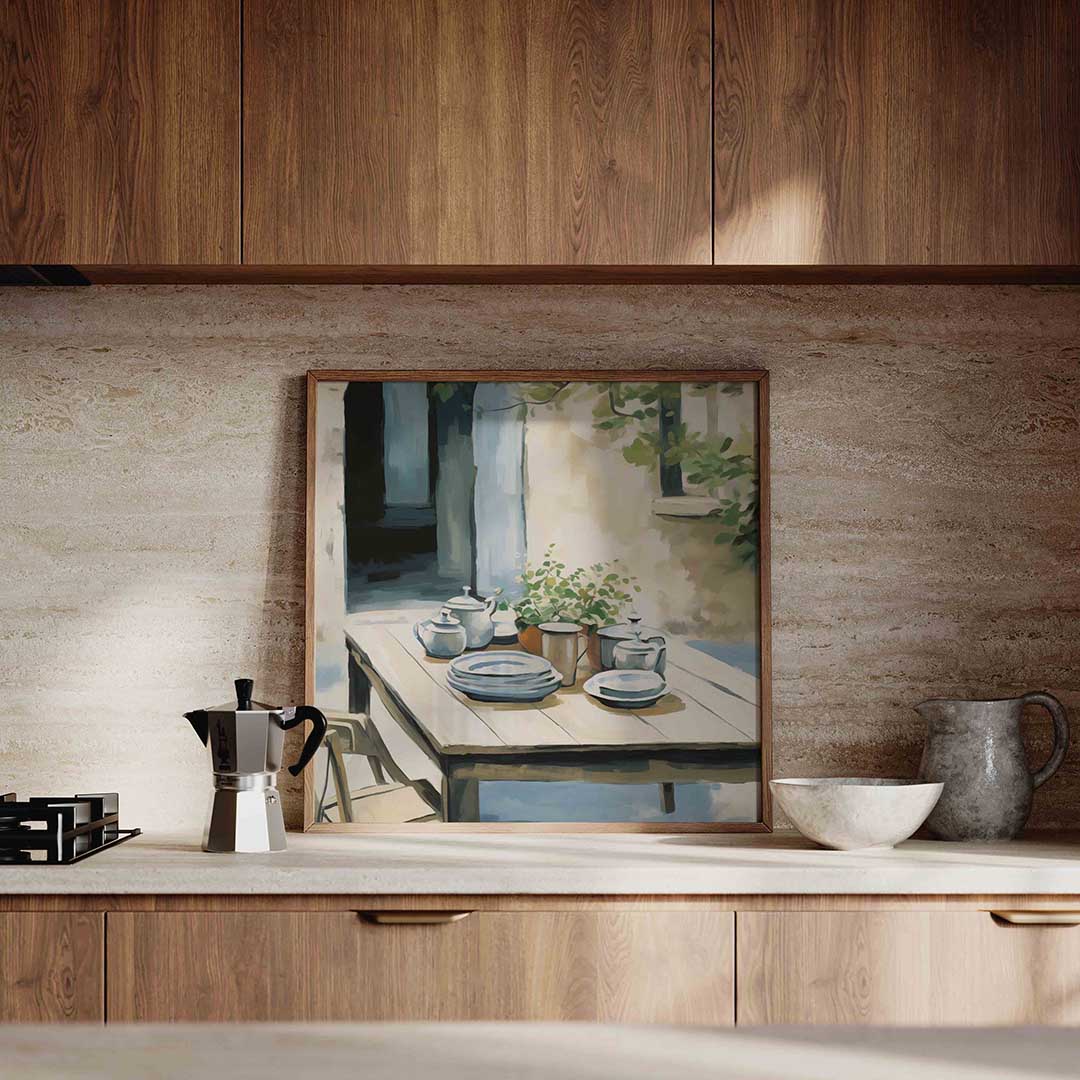 Buiten tafel met servies Poster