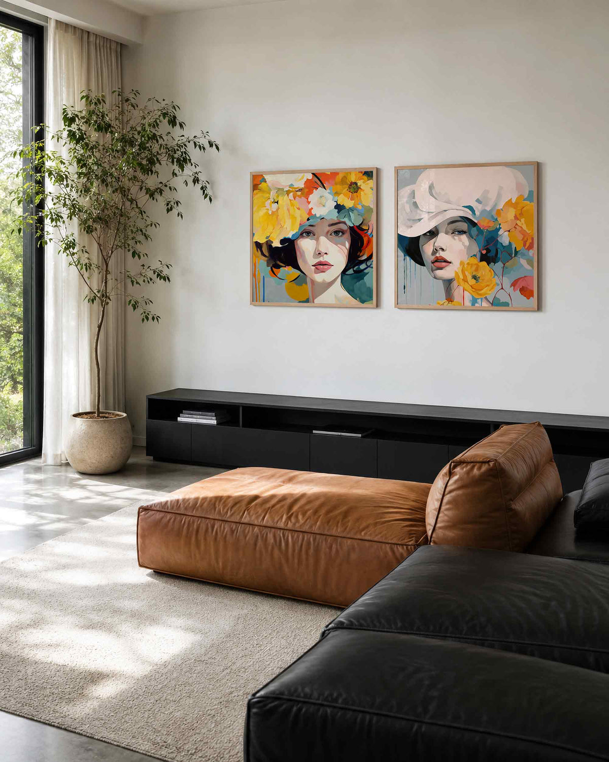 Interieurpresentatie van een tweedelige vierkante posterset met vrouwenportretten met bloemen