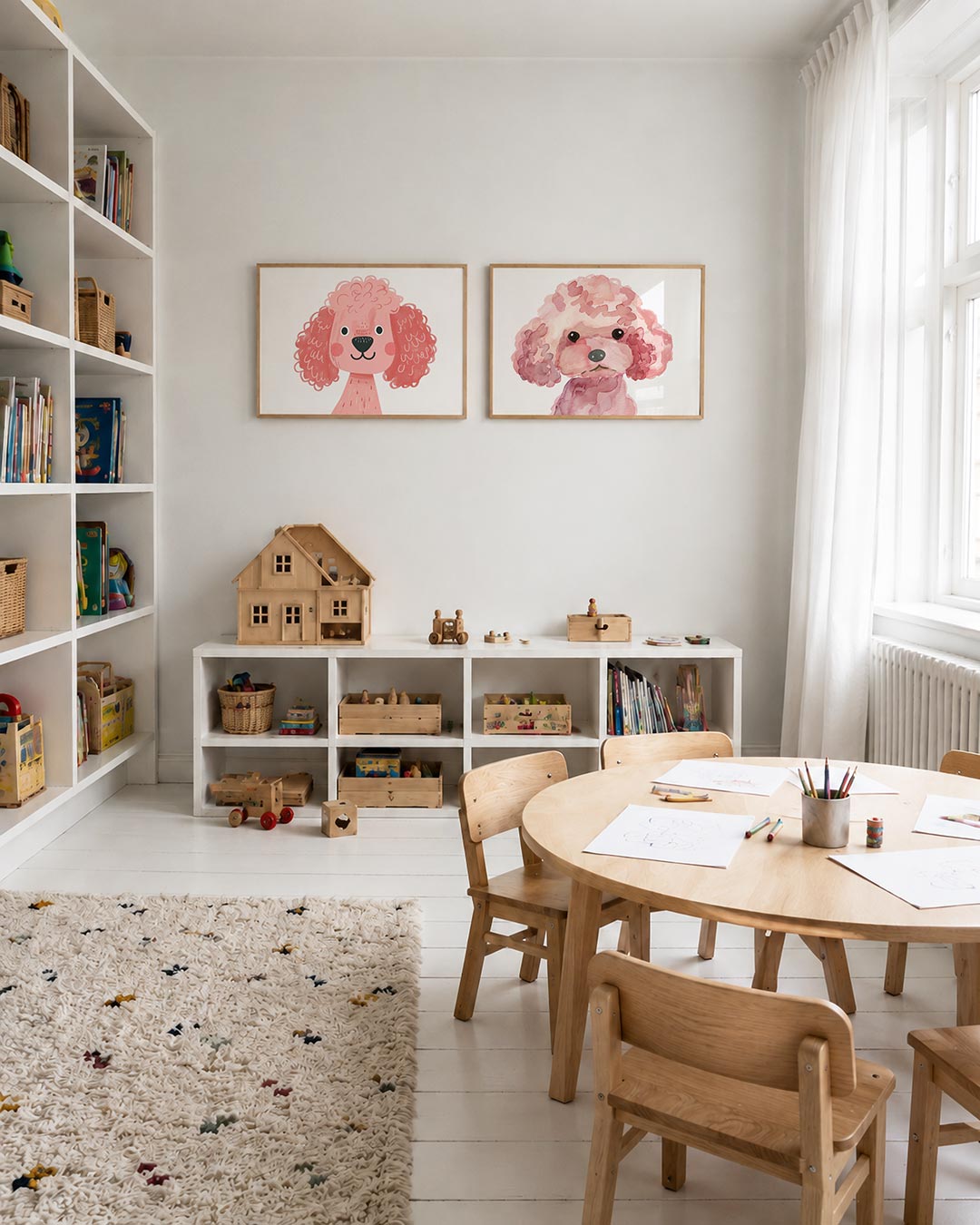 Twee liggende posters met donkere tinten en een rustige visuele opbouw, aan de muur in een interieur