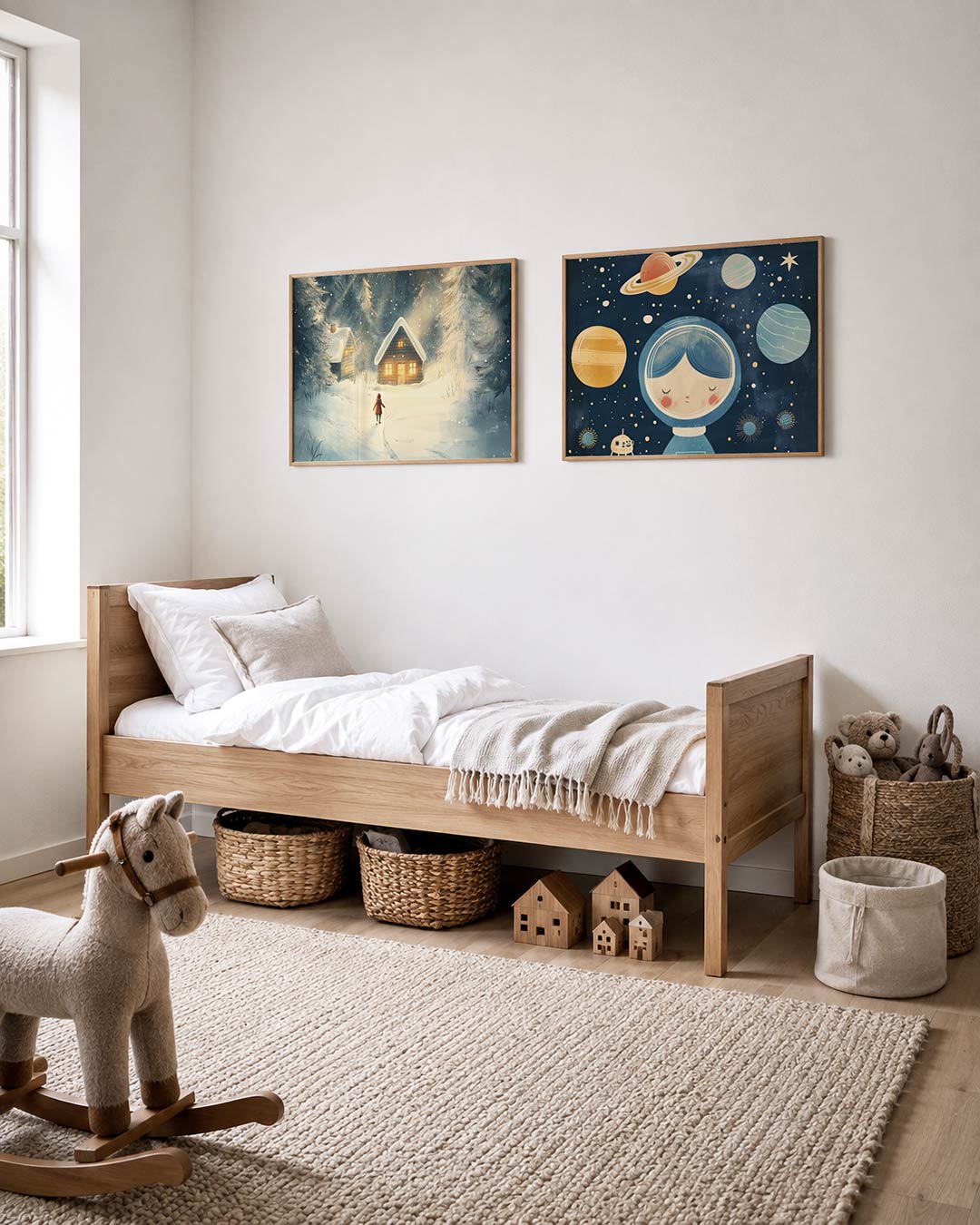 Twee liggende posters met een kind in een besneeuwd bos naar twee verlichte huisjes, aan de muur in een interieur