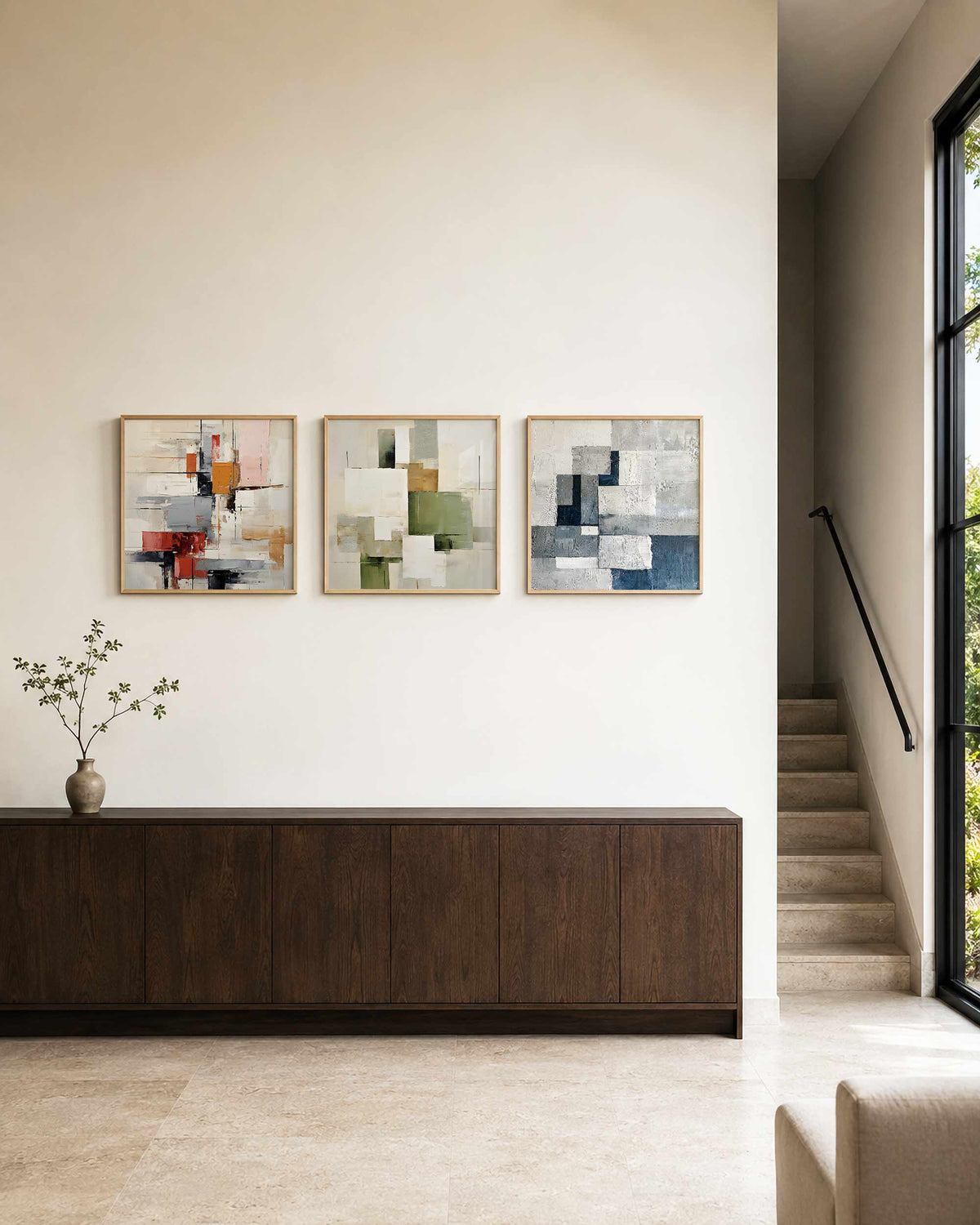 Interieurpresentatie van een driedelige vierkante posterset met abstracte vlakken