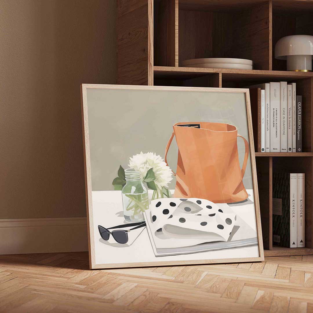 Oranje tas en bloemen Poster