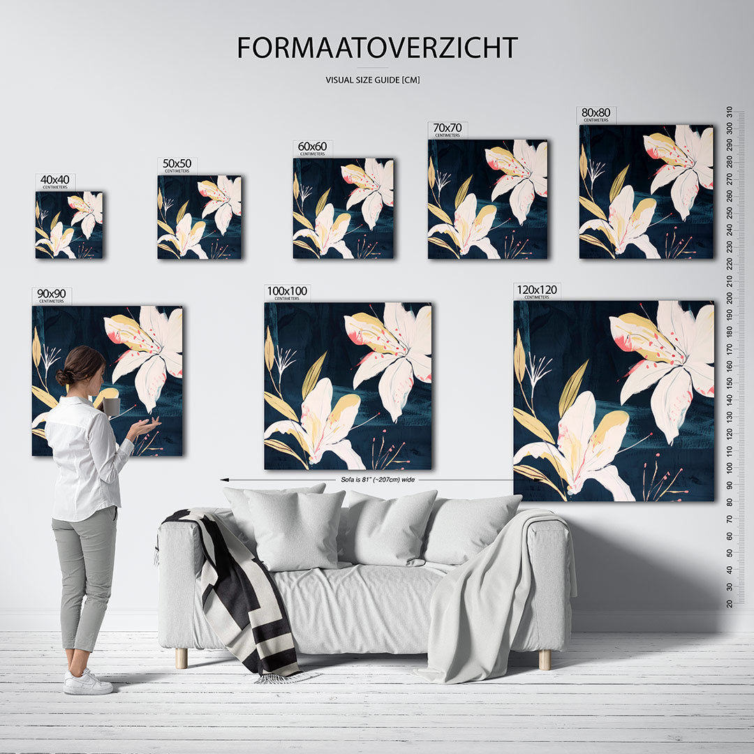 Bloemmotief op donkerblauw Kunstwerk