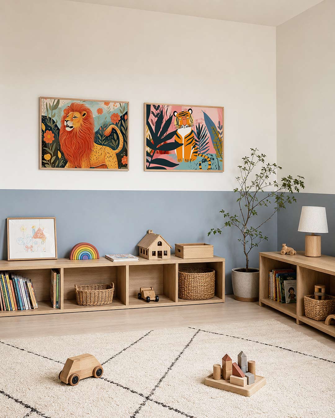 Twee liggende posters met een majestueuze leeuw met een vurige manen, aan de muur in een interieur