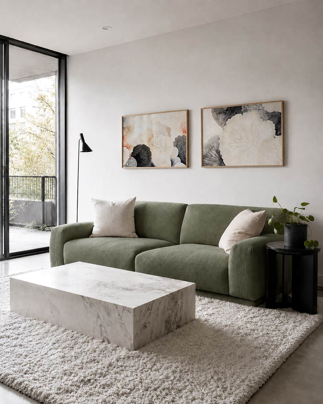 Tweedelige posterset met een vloeiende compositie van ronde vormen en zachte kleuren, getoond in een interieur