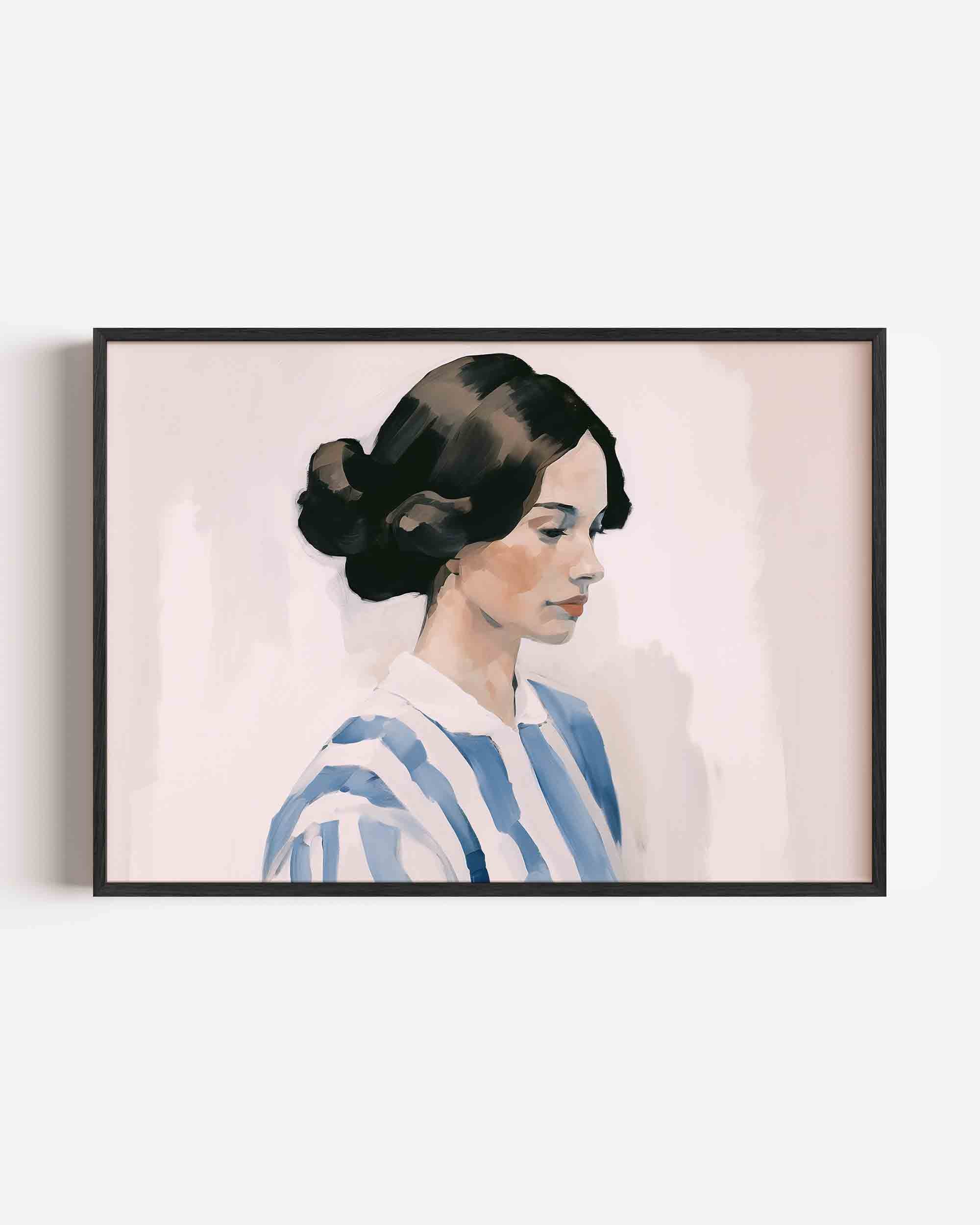 Vrouw in blauw gestreepte blouse Poster