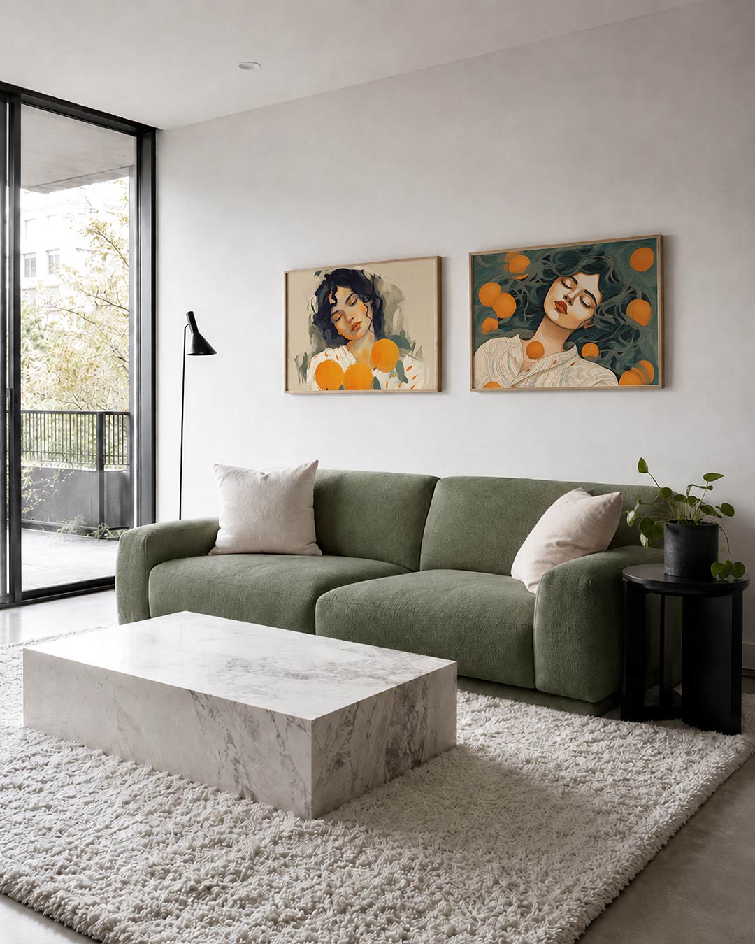 Interieurpresentatie van twee posters met een zachte compositie van vloeiende lijnen en warme kleuren